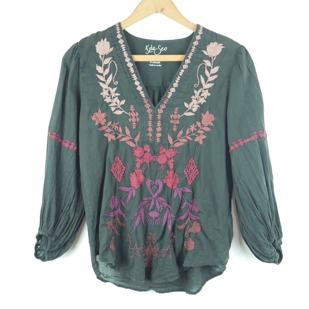 Kyla‎ Seo XS Top Boho Popover Embroidered Cotton Gauze Hippy Peasant Relaxed Fit
